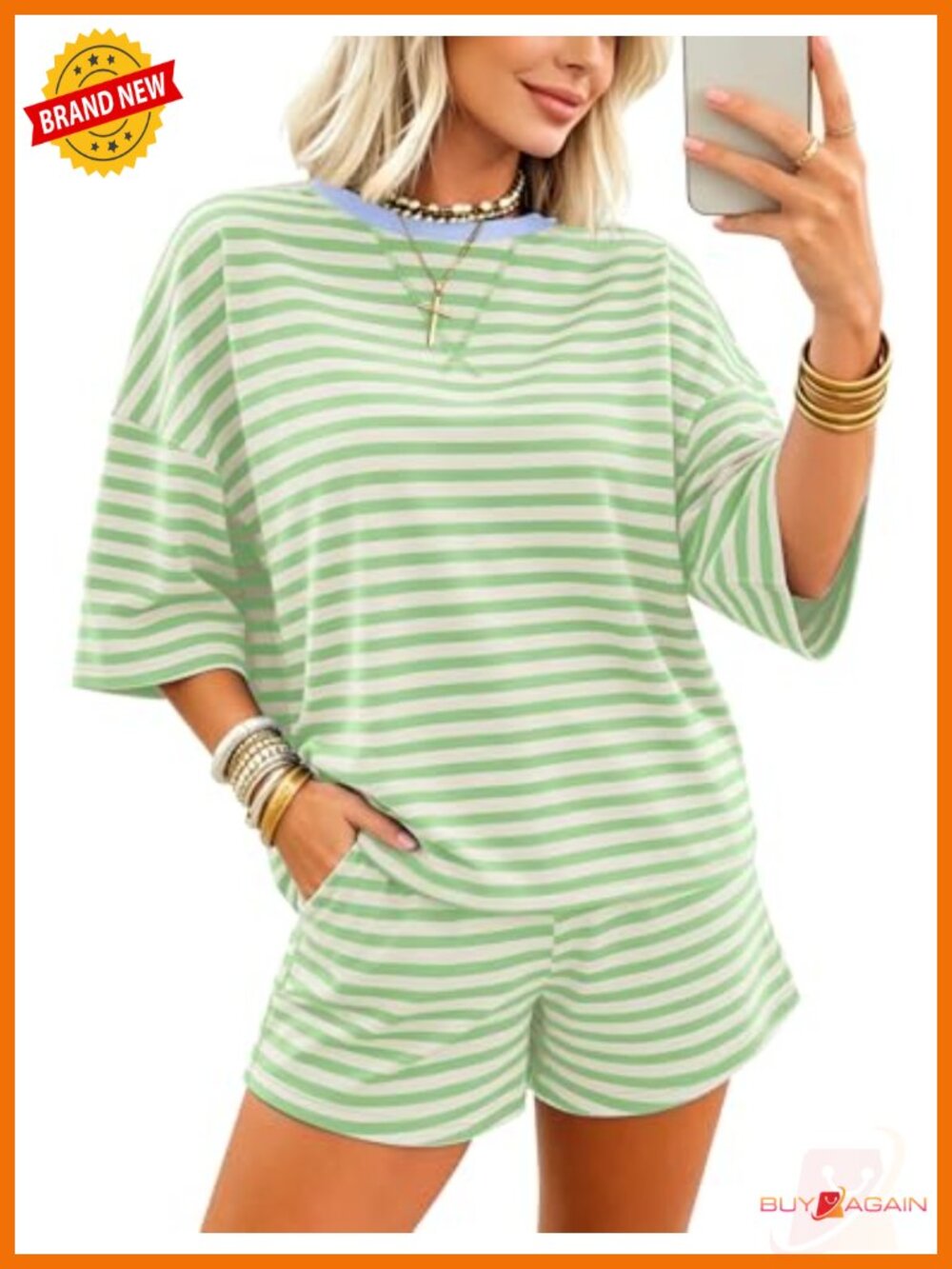 Womens Striped 2 Piece Lounge Set Oversized Tee & Shorts Sleepwear Set